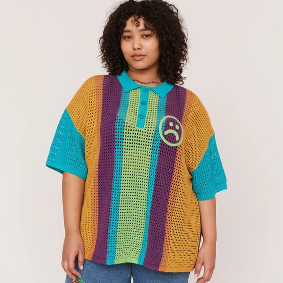 Lazy Oaf Moody Stripe Open Knit Oversized Polo Shirt Top Size S - Picture 3 of 8